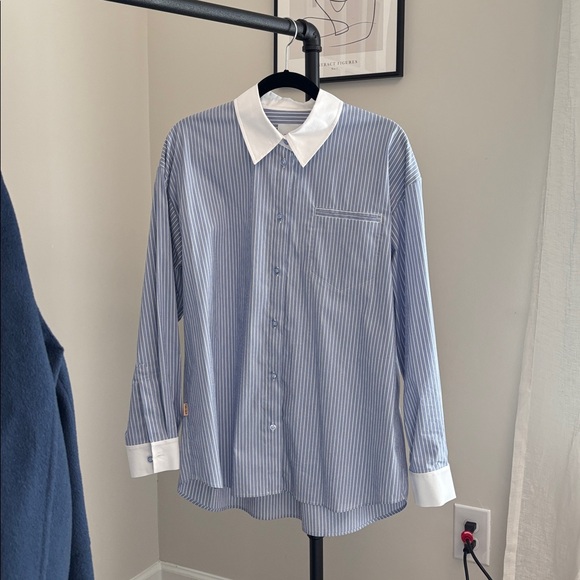 Nao Striped Shirt in Cotton Poplin, Blue Stripe, Size S - Picture 11 of 13